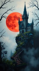 Gothic Castle on a Hill Under a Blood Moon with Staircase