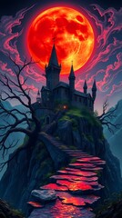 Gothic Castle on a Hill Under a Blood Moon with Staircase