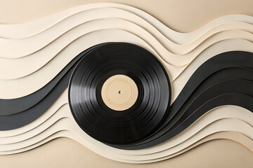 A vinyl record anchors flowing soundwave layers in beige and black. A stylish tribute to musical rhythm, analog nostalgia, and modern design harmony. generative ai