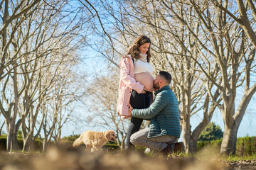 Expecting couple with dog enjoying maternity moment outdoors
