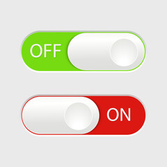 On and Off slider buttons. 3D red and green switch interface buttons on light background. Open and close UI icons. Active and inactive icon. Toggle buttons ON/OFF. Vector illustration