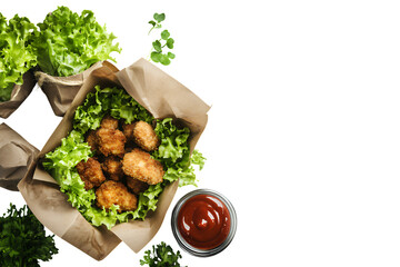 Crispy golden chicken nuggets served on fresh green lettuce with a side of ketchup sauce