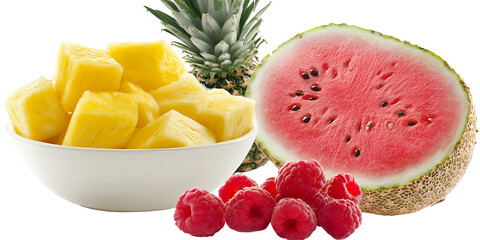 Sliced juicy watermelon bowl of pineapple chunks whole pineapple and fresh raspberries