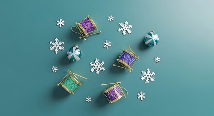 Festive christmas ornaments and toy drums create a whimsical holiday background scene