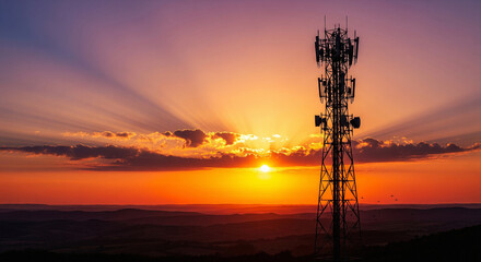 Telecommunication Tower Silhouette with Sunburst at Beautiful Dramatic Sunset