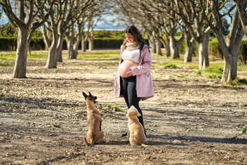 Pregnant woman bonding with dogs in park during maternity walk