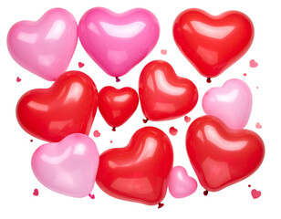 Valentine’s Day Flat Lay with Red and Pink Heart Balloons, Isolated on transparent  Background