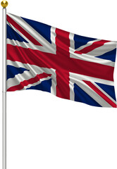 Realistic United Kingdom Flag Waving on Pole with Silk Fabric Texture, 3D Render Isolated on Transparent Background