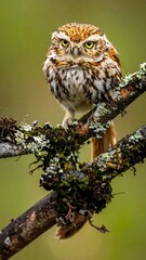 Obraz premium A small owl with yellow eyes perches on a mossy branch, gazing directly at the viewer against a blurry green backdrop
