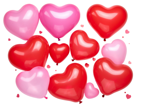 Valentine’s Day Flat Lay with Red and Pink Heart Balloons, Isolated on transparent  Background
