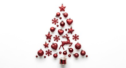 Festive christmas tree shape made of red ornaments on a white background holiday season