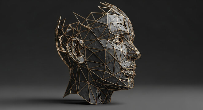 Abstract 3d rendering of a human head made of metal mesh, symbolizing artificial intelligence and technology