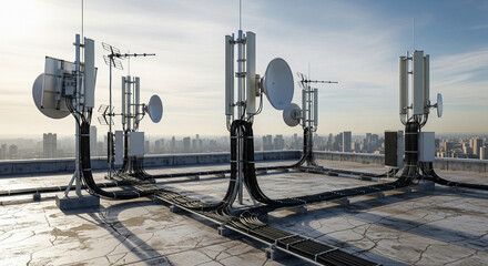 Rooftop Telecommunication Base Station with Multiple Antennas and Dishes