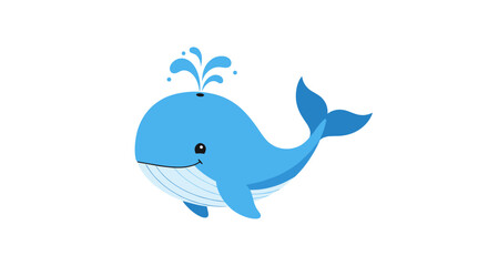 Obraz premium A cartoon illustration of a happy blue whale spouting water high into the air with a white background.