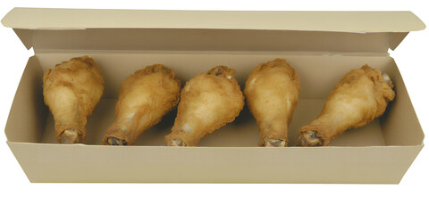 Five golden brown fried chicken drumsticks neatly arranged in a cardboard takeout box