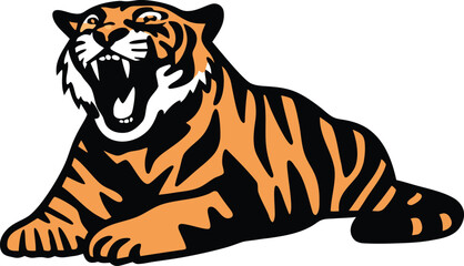Cartoon Tiger Roaring While Lying Down Illustration on White Background