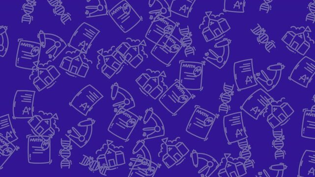 Repeating icons of school science equipment on purple background. Suitable for educational presentations, posters, and sciencethemed designs. Ideal for academic projects and sciencethemed branding.