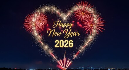 Vibrant heart shaped fireworks celebrate happy new year 2026 festivities