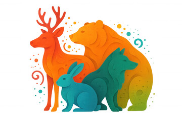 Forest animals in vibrant paper art style, deer, bear, wolf, and rabbit creating a colorful wildlife composition