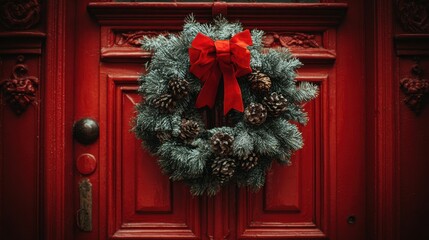 christmas wreath hanging on red door,