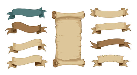 collection of vintage and medieval style decorative banners and scrolls for design elements.