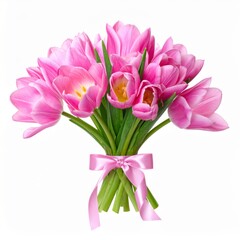 Obraz premium Delicate Pink Tulips Bouquet Tied with Ribbon on a Clean White Background