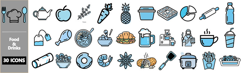 Food and drink icons: a diverse collection of culinary and beverage symbols.
