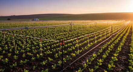 Irrigation system waters crops in agricultural field at sunset, promoting sustainable farming and efficient water management for food production