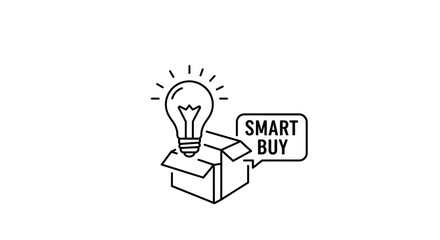 Smart Buy Idea Lightbulb Emerging from Open Box Icon.