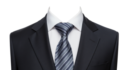 Formal black suit with tie displayed against white background  
