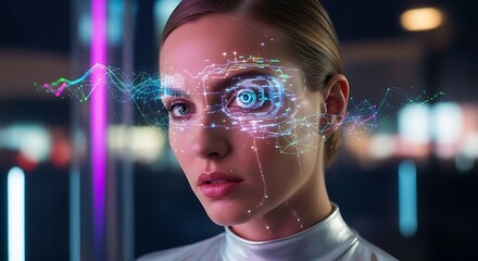 Futuristic Woman With Cybernetic Eye Overlay and Digital Network Interface.