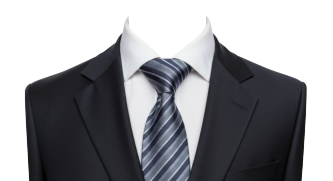 Formal black suit with tie displayed against white background - Powered by Adobe