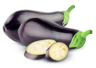 Two fresh eggplant with two slices isolated on white background