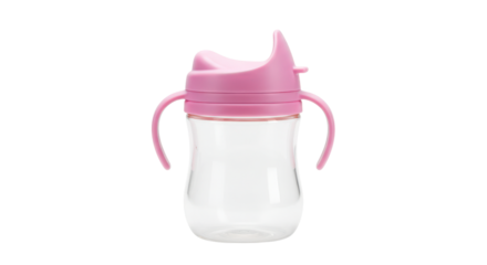 Transparent sippy cup with pink lid and handles for toddlers  