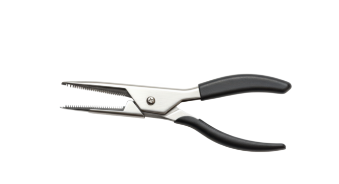 Isolated Metal pliers with black rubber grips on plain white background  