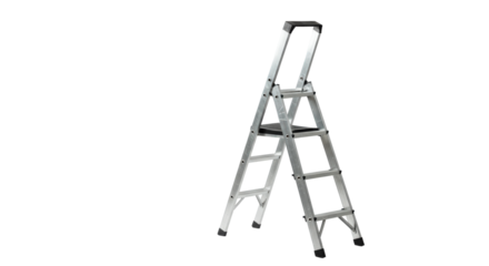 Silver aluminum step ladder with foldable design on white background  