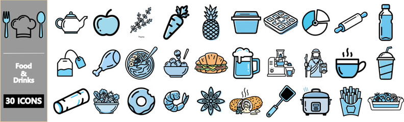 A collection of 30 food and drinks line icons with blue color accents, including fruits, meals, and kitchen utensils.