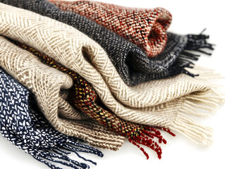 Naklejka premium stack of colorful wool scarves folded neatly on white background