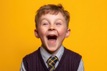 A young boy in a striped shirt and patterned tie laughs joyfully against a bright backdrop. His expression is full of excitement and happiness, conveying a sense of carefree delight