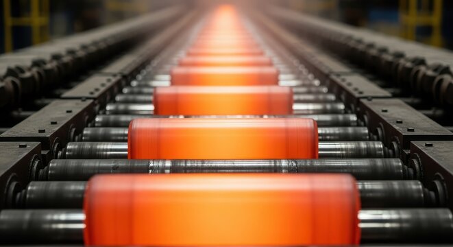Hot steel billets move along a conveyor line in a steel mill, glowing orange with heat as they are processed for manufacturing