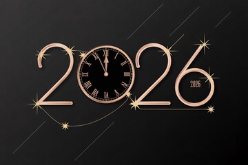 happy new year,happy new year 2026,Elegant 2026 New Year Celebration with Clockface Design on Black, a Stylish and Modern Graphic for Holiday Greetings and Festive Events, Rose Gold