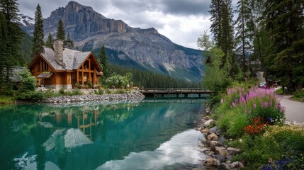 Obraz premium mountain lodge reflected in turquoise water,