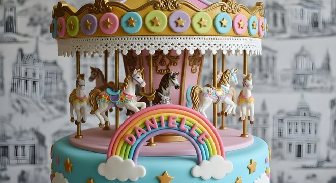Detailed Carousel Tiered Cake with Fondant Horses, Rainbow, and Pastel Colors for a Child's Birthday Party