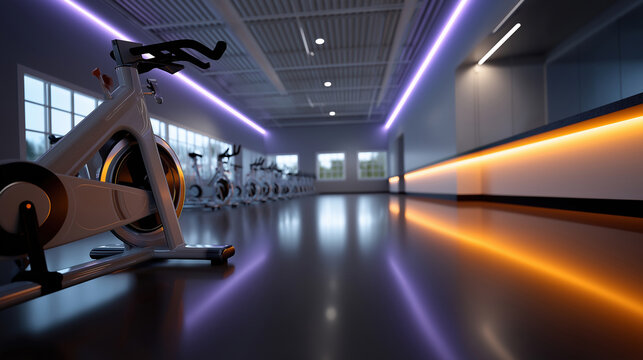 Modern indoor cycling studio with ambient lighting