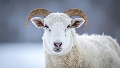 Majestic White Sheep with Curled Horns in Winter Landscape.