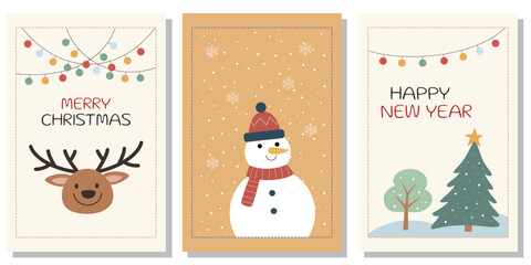 Cute Christmas and New Year cards with reindeer, snowman and tree. Vector winter holiday design.