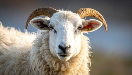 Fototapeta premium Close-up portrait of a white sheep with large curved horns.