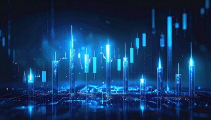 Abstract Blue Digital Data Visualization With Candlestick Charts And Glowing Particles In Dark Background With Soft Focus Bokeh