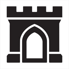 Minimalist castle tower illustration with arched gateway and crenellated top design