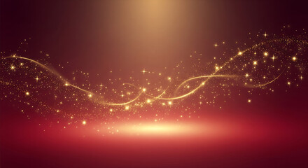 Sparkling golden light trails and glowing particles create an enchanting abstract backdrop, ideal...